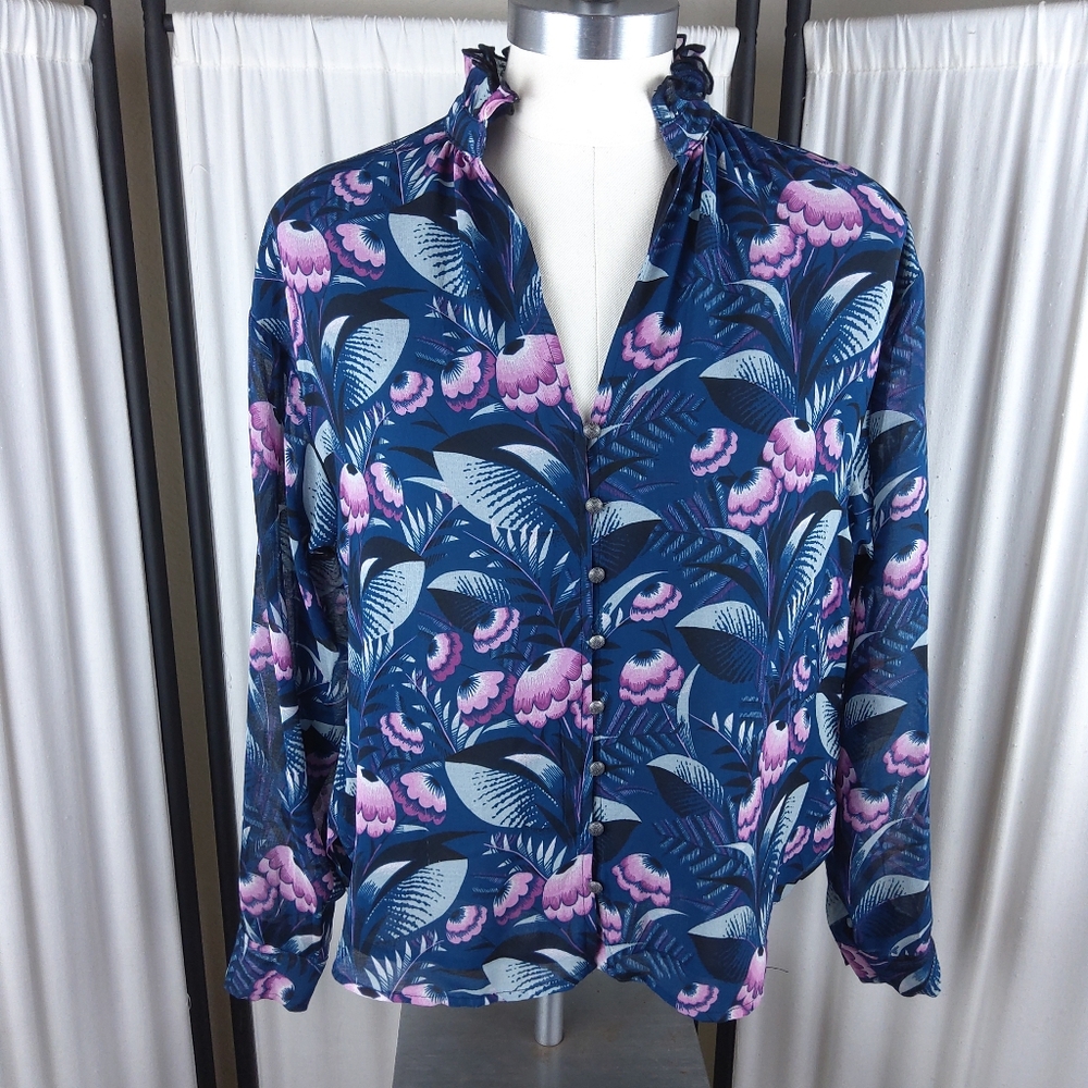 Anthropologie Purple Blue Floral Tavi Button Blouse Ruffled Neck, Women's Sz XS